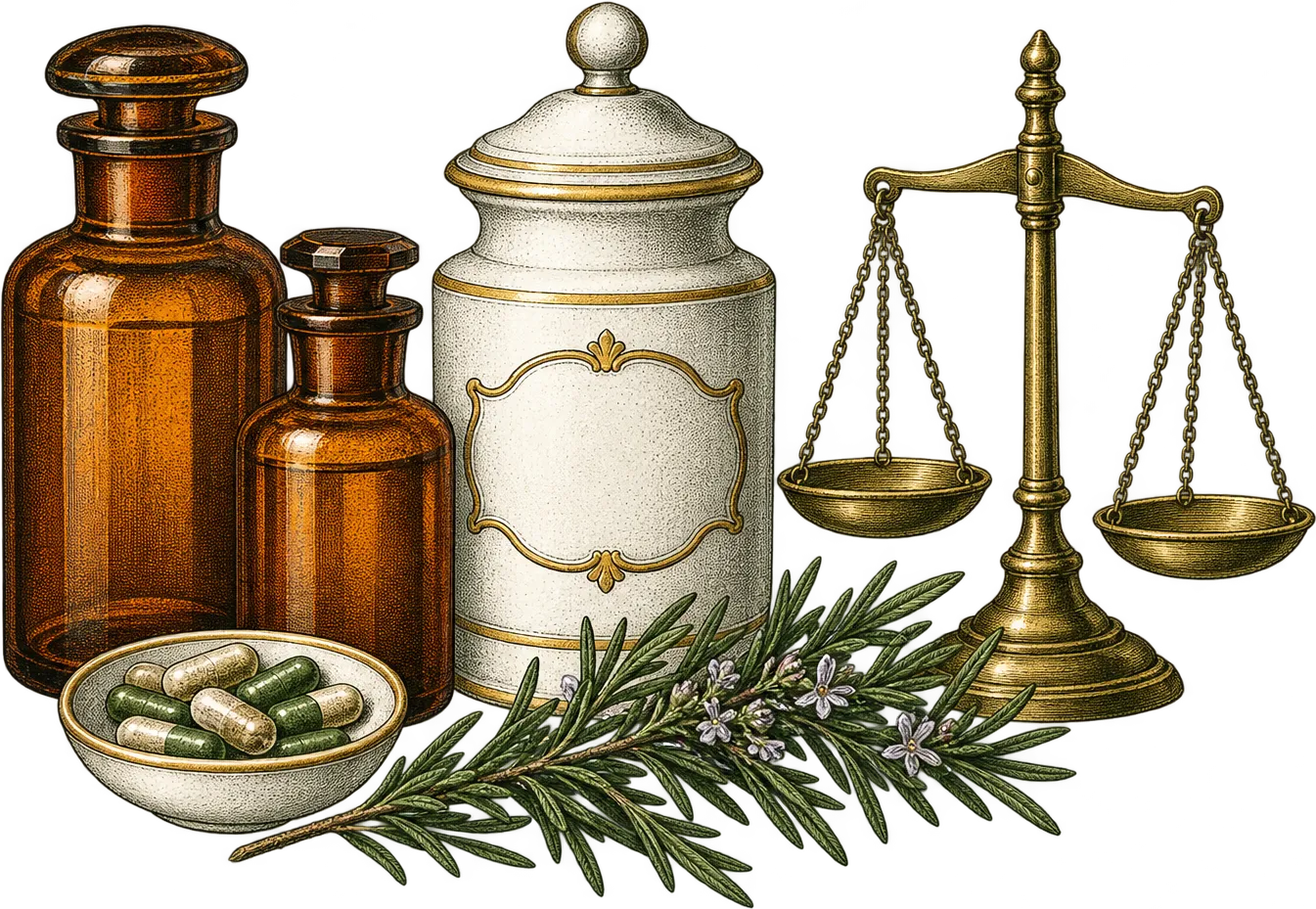 Ilustração de frascos de botica, uma balança e um ramo de alecrim